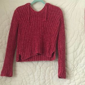 Red hooded crop v-neck sweater, S